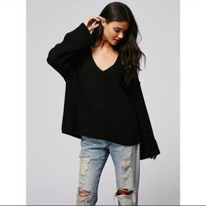 Free People La Brea Chunky Sweater Black Ribbed Cuffed V-Neck  Oversized
